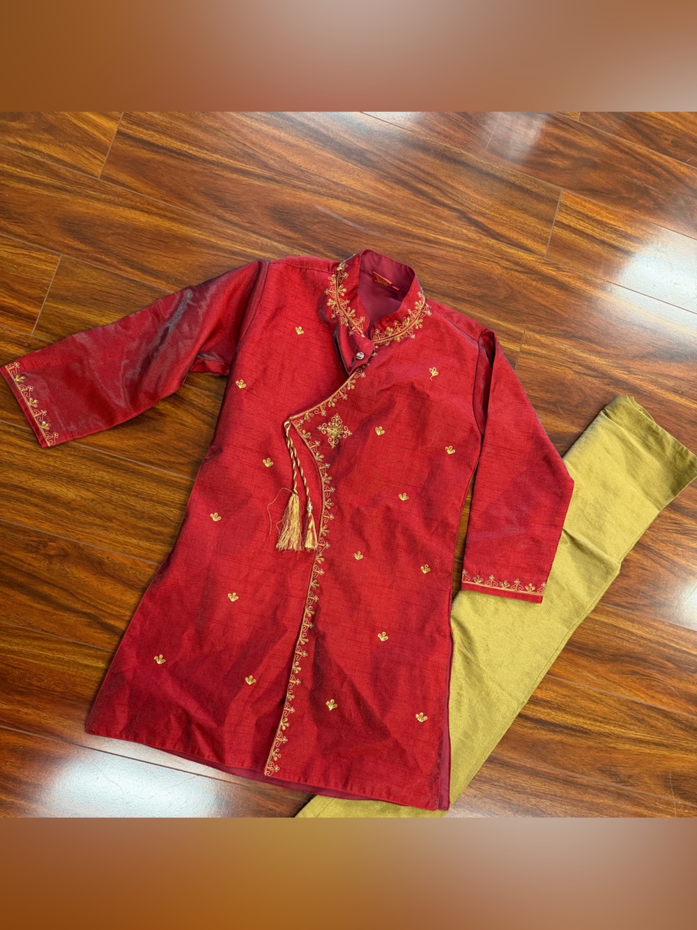 Boys Traditional Pakistani Red & Gold Embroidered Sherwani Kurta